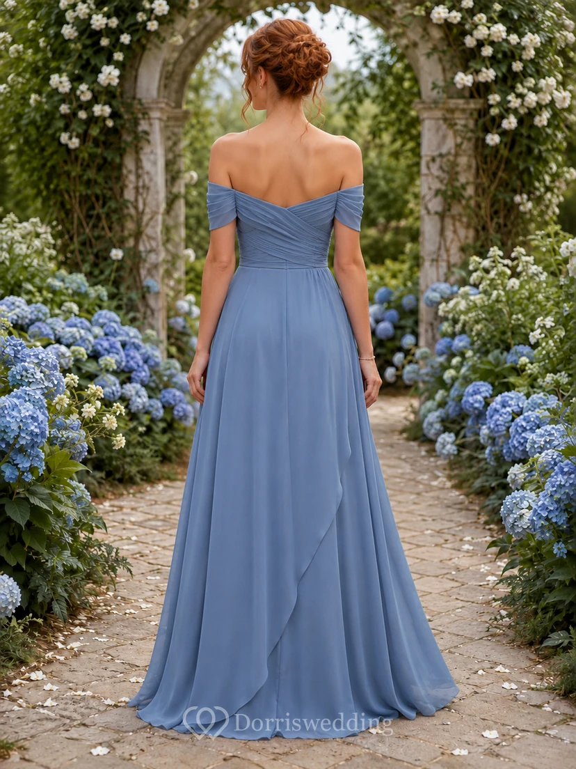 Steel Blue Off-the-shoulder Slit Floor-length Guest Dress view 2