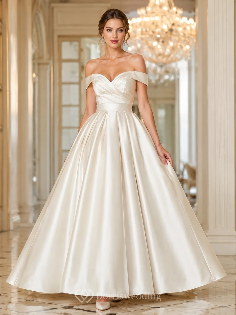 Schulterfreies, plissiertes Satin-Ballkleid, bodenlang, luxuriöses Brautkleid