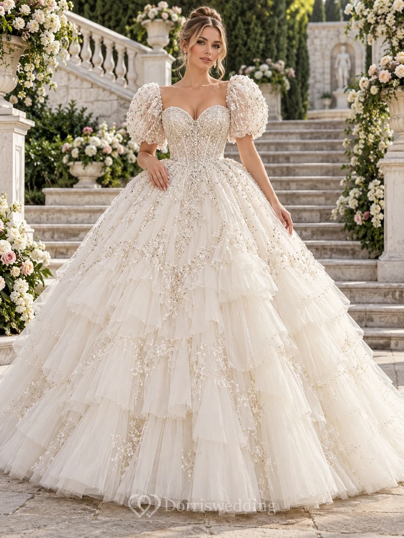 Vestido de novia de gala con escote corazón, mangas abullonadas, bordados, volantes de tul y cola de corte.