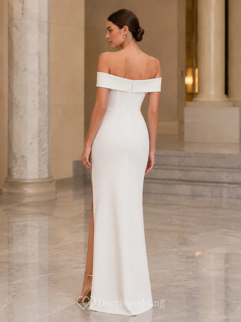 Off-the-Shoulder Satin Sheath Split Formal Wedding Dress view 2