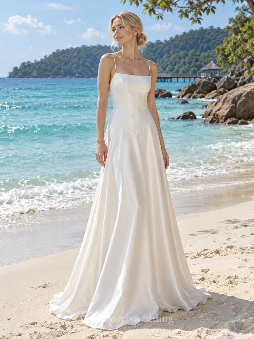 Einfaches, gerades Satin-Etui-Kleid mit Spaghettiträgern und Schleppe für eine Strandhochzeit