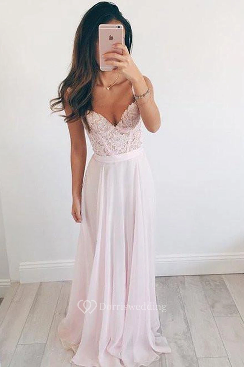 A-Line Chiffon Lace Straps V-neck Sleeveless Zipper Dress