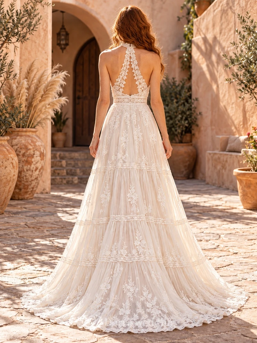 Boho-Brautkleid mit Neckholder, geometrischer Spitze, Stufenrock, ärmellos, bodenlang, A-Linie view 2