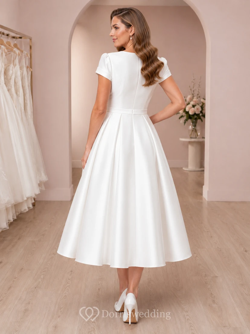 1950s Tea-Length V-Neck Cap Sleeve Satin Courthouse Vintage Wedding Dress view 2