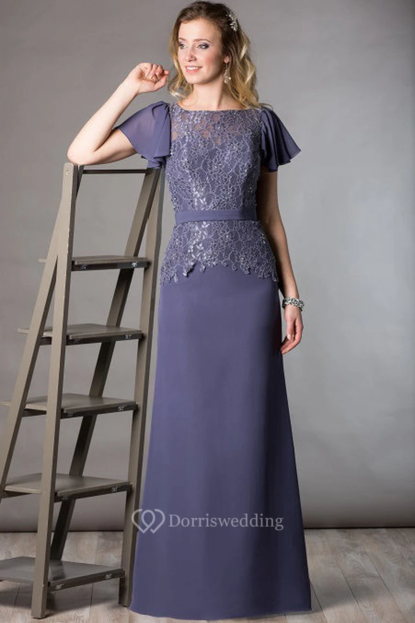 Lace Top Ruffled Short Sleeve A-Line Long Mother Of The Bride Dress With Crystal Details