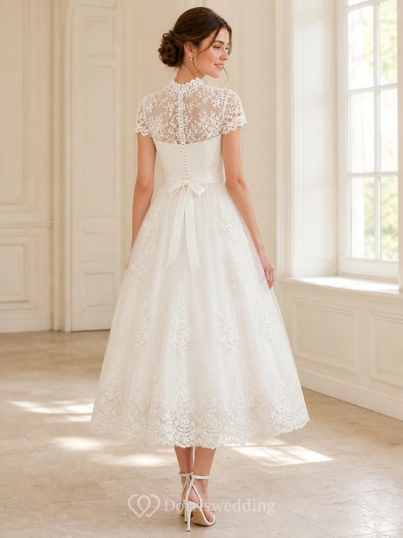 Vestido de novia civil de corte A, largo hasta la rodilla, modesto, cuello alto y mangas cortas. view 2