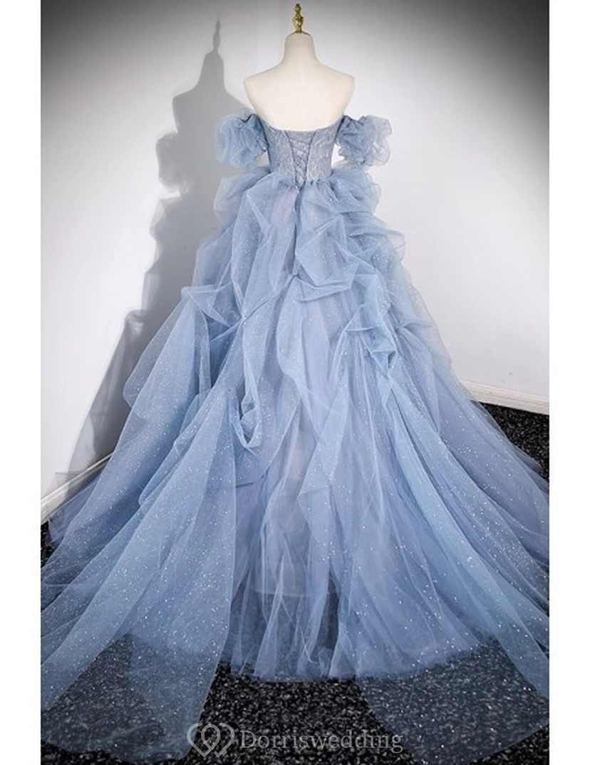 Robe de bal bleu clair à manches volantées view 12