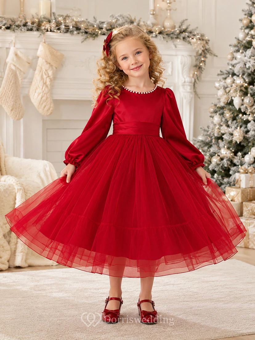 Robe de demoiselle d'honneur d'hiver rouge à manches longues, volants en tulle, coupe trapèze, longueur thé, nœud