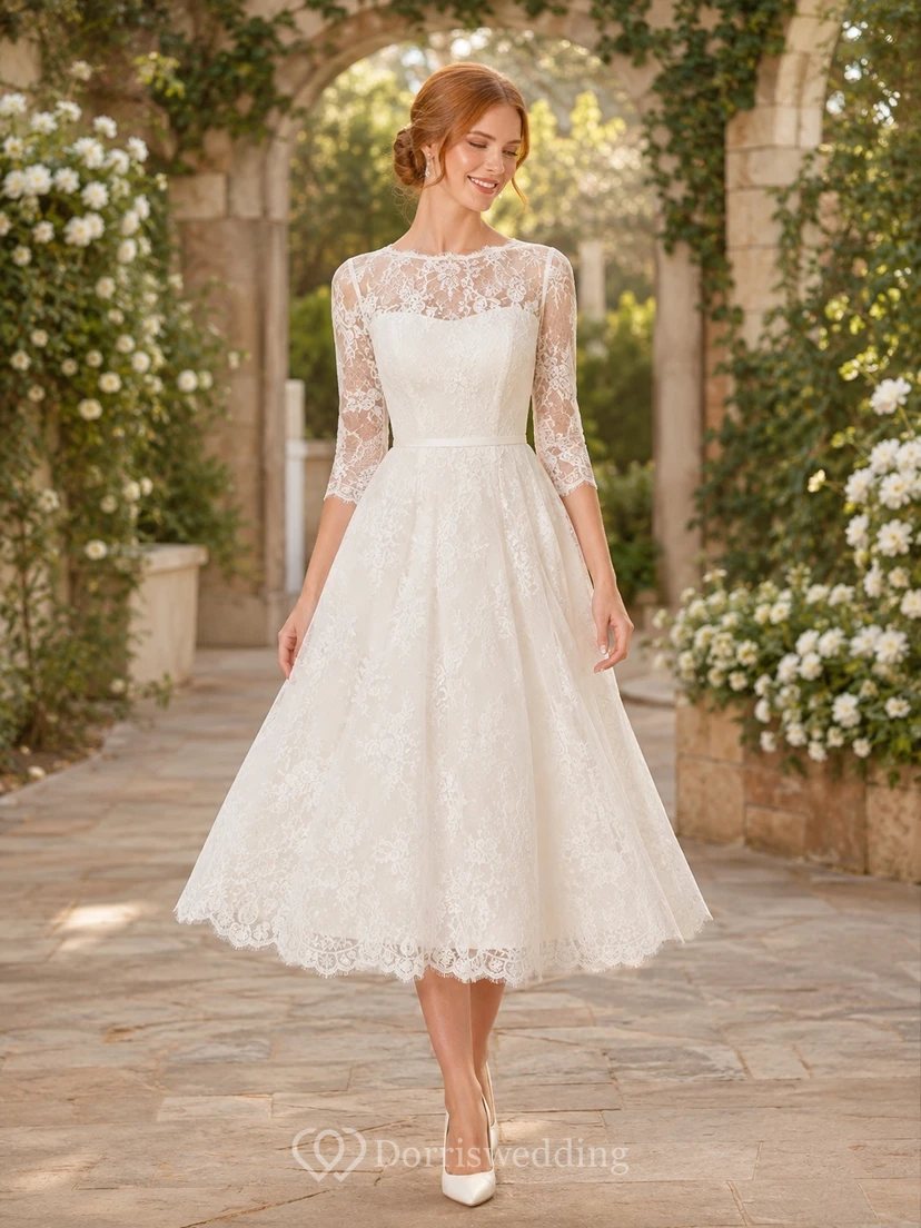 Vintage weißes Teelängenkleid mit hohem Kragen, Dreiviertelärmeln, Spitze und A-Linien-Schnitt für das Probeessen