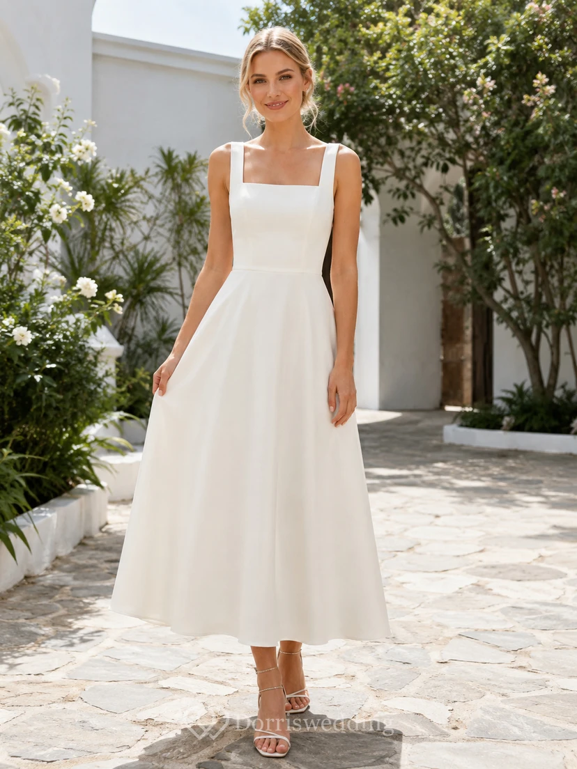 Vintage Chiffon-Hochzeitskleid, A-Linie, eckiger Ausschnitt, ärmellos, wadenlang