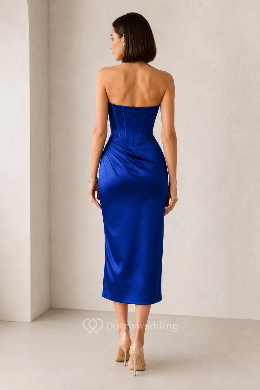 Königsblaues, trägerloses Midi-Cocktailkleid aus Satin mit Herzausschnitt für Brautjungfern, Hochzeitsgäste und formelle Abendveranstaltungen view 2