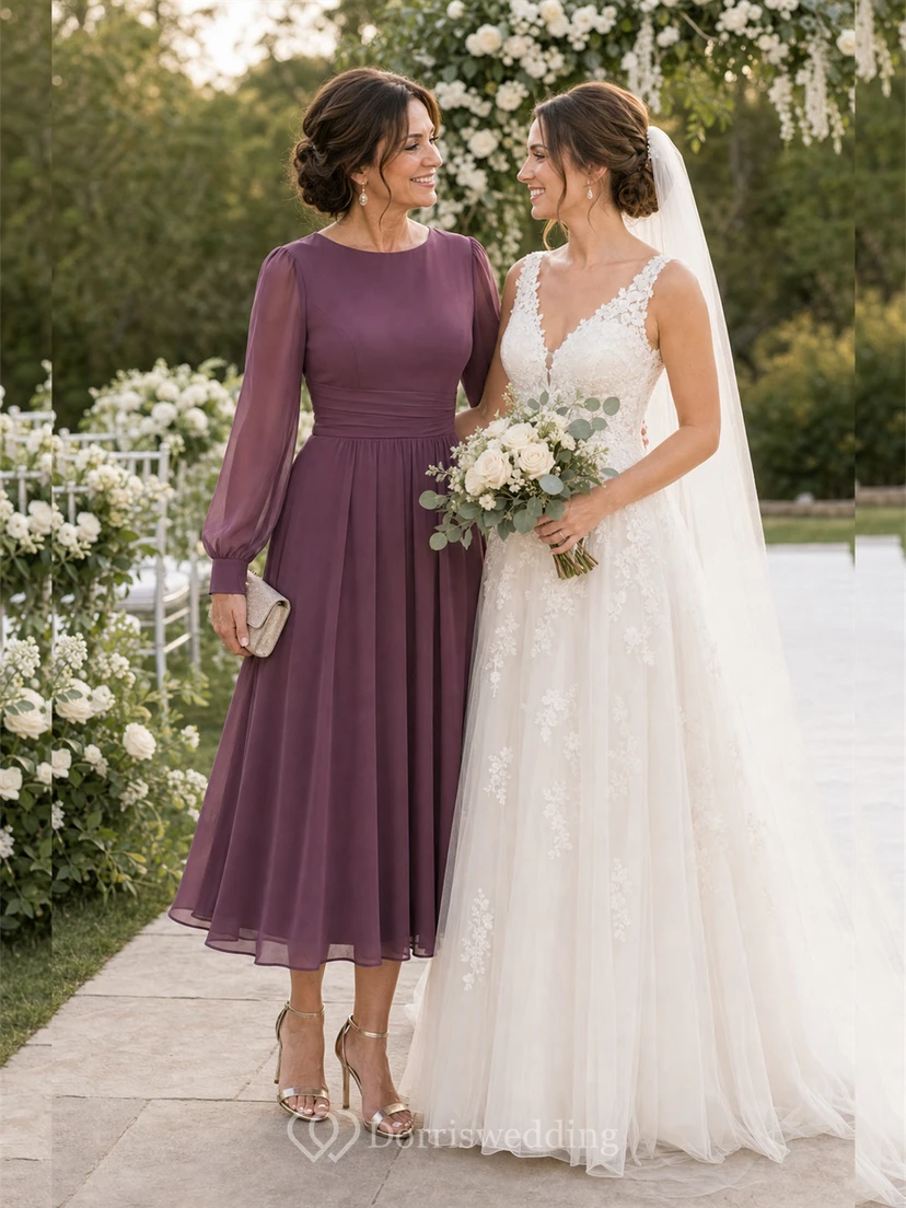 Bateau Long Sleeve Chiffon Midi Dress view 10