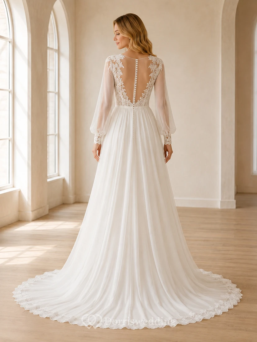 Brautkleid mit tiefem V-Ausschnitt, Poetenärmeln, A-Linie, Chiffon, Kapellenschleppe und Spitze view 2