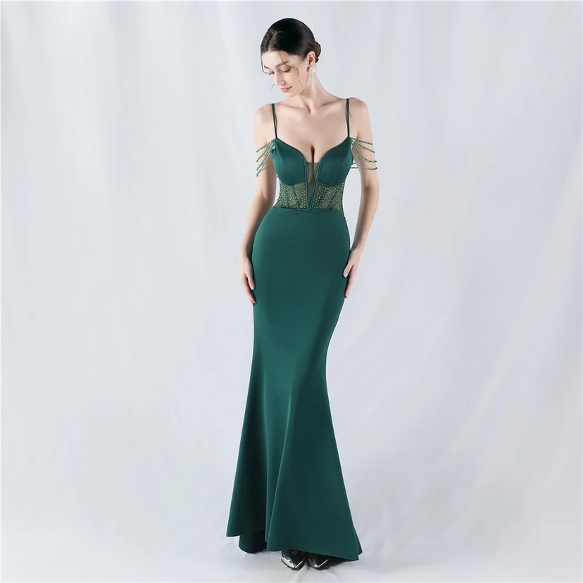 Vestido de noche con cintura de espiga, bordado de diamantes de imitación, ideal para banquetes y presentaciones. view 21