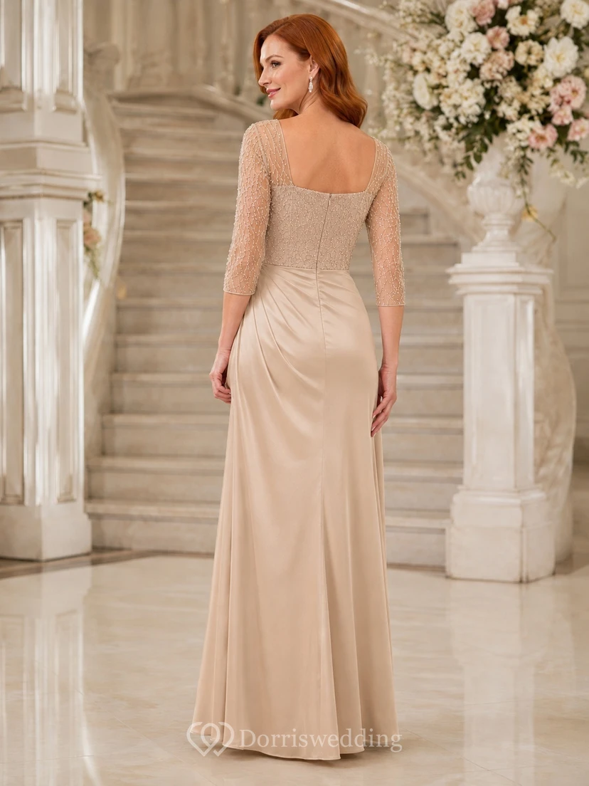 Champagne Square Neck Lace Sleeve Ruched Mermaid Sweep Train Elegant Gown view 2