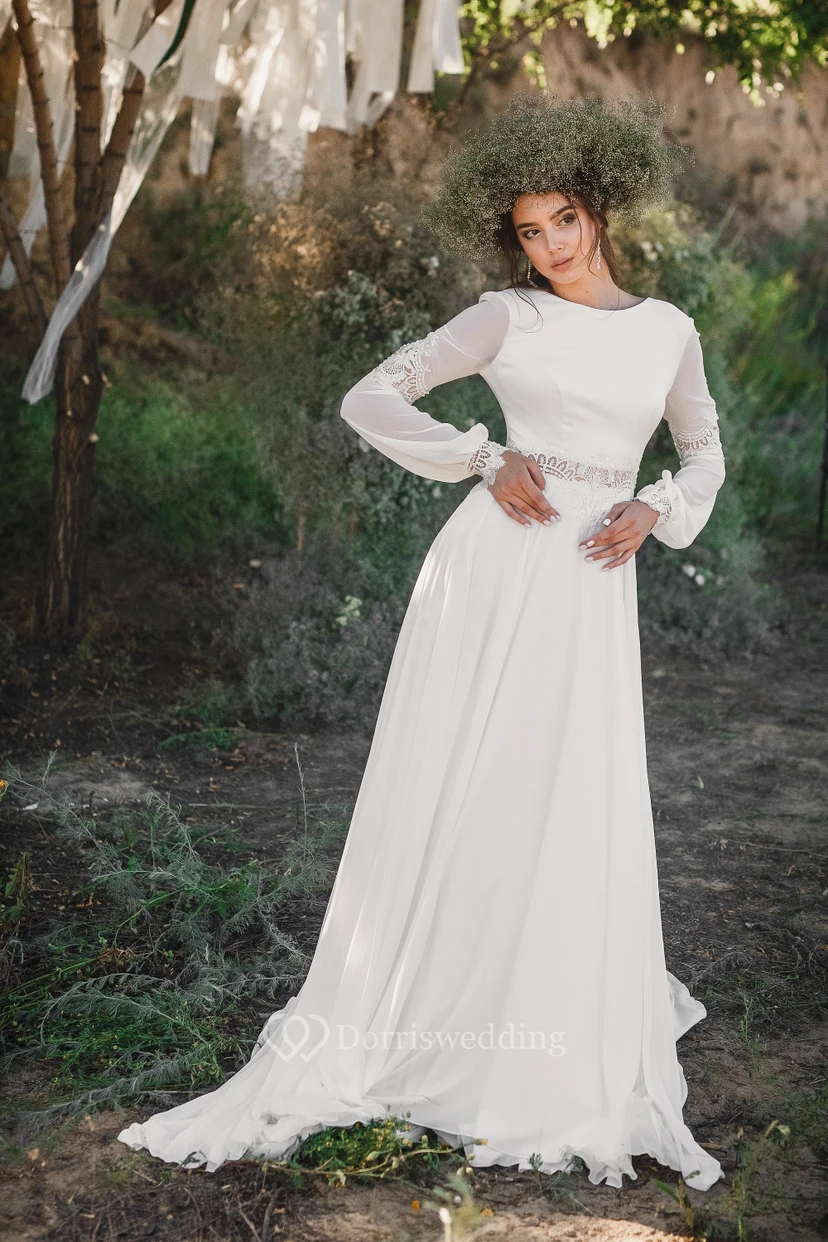 Schlichtes, langärmeliges Boho-Chiffon-Hochzeitskleid mit Rundhalsausschnitt und Chiffon-Muster, elegant für den Landhaus view 7