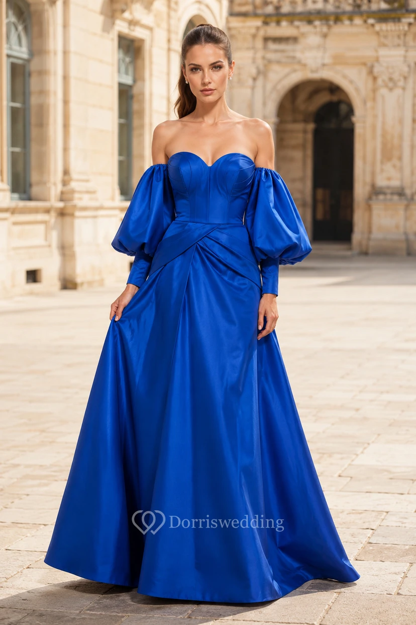 Königsblaues schulterfreies Ballkleid aus Satin mit Puffärmeln