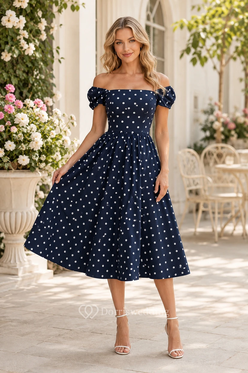 Vestido de invitada de boda azul marino oscuro, gasa, corte en A, hombros descubiertos, manga corta, largo midi.