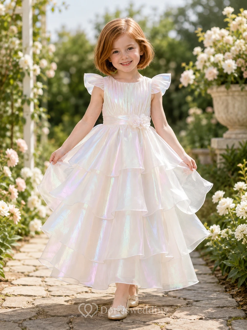 Adorable vestido de niña de flores de organza iridiscente con corte en A, mangas con forma de pétalo, escote cuadrado y falda asimétrica escalonada.