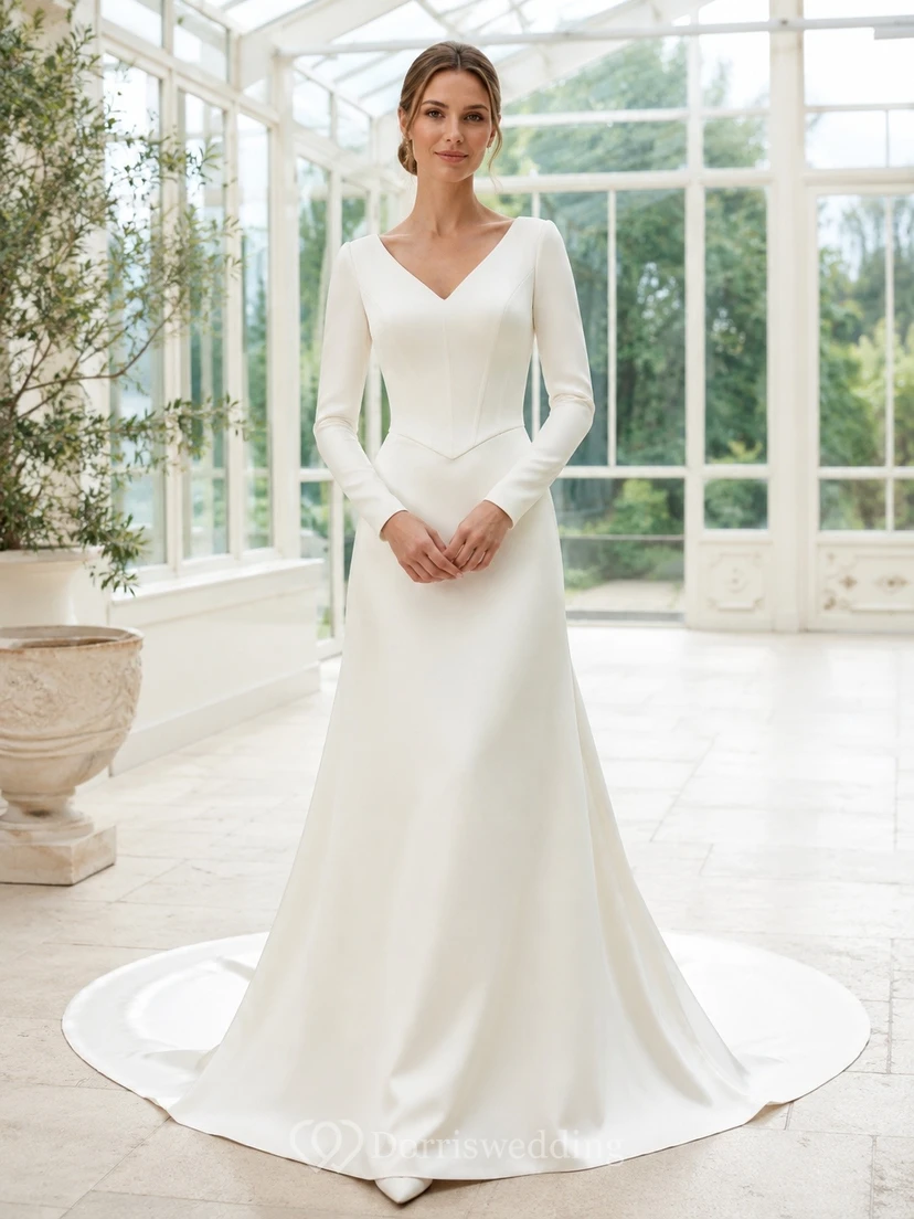 Vestido de novia minimalista de manga larga estilo vasco con cintura sencilla y modesta