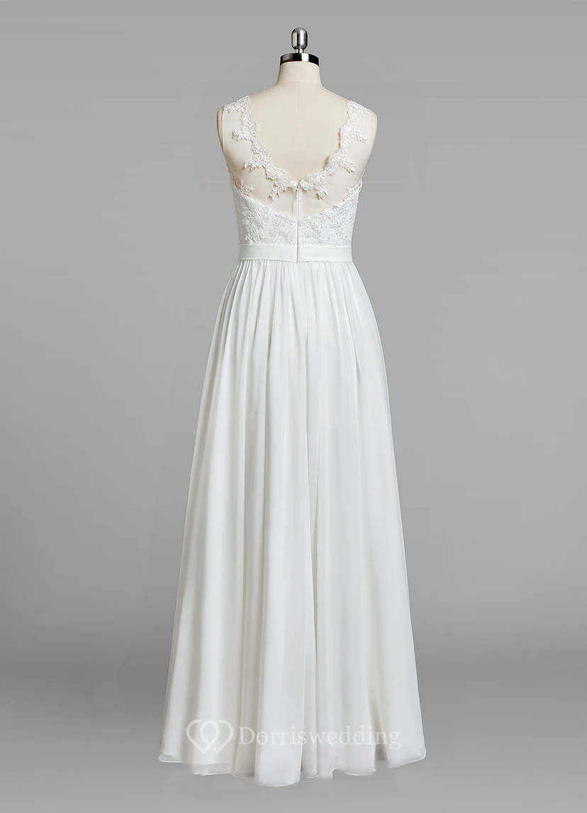 Jewel Neck Sleeveless A-Line Chiffon Skirt Lace Bodice Wedding Dress view 2