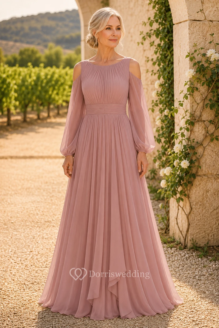 MOB-Kleid, altrosa Tüll, A-Linie, lange Ärmel, U-Boot-Ausschnitt, bodenlang, plissiert