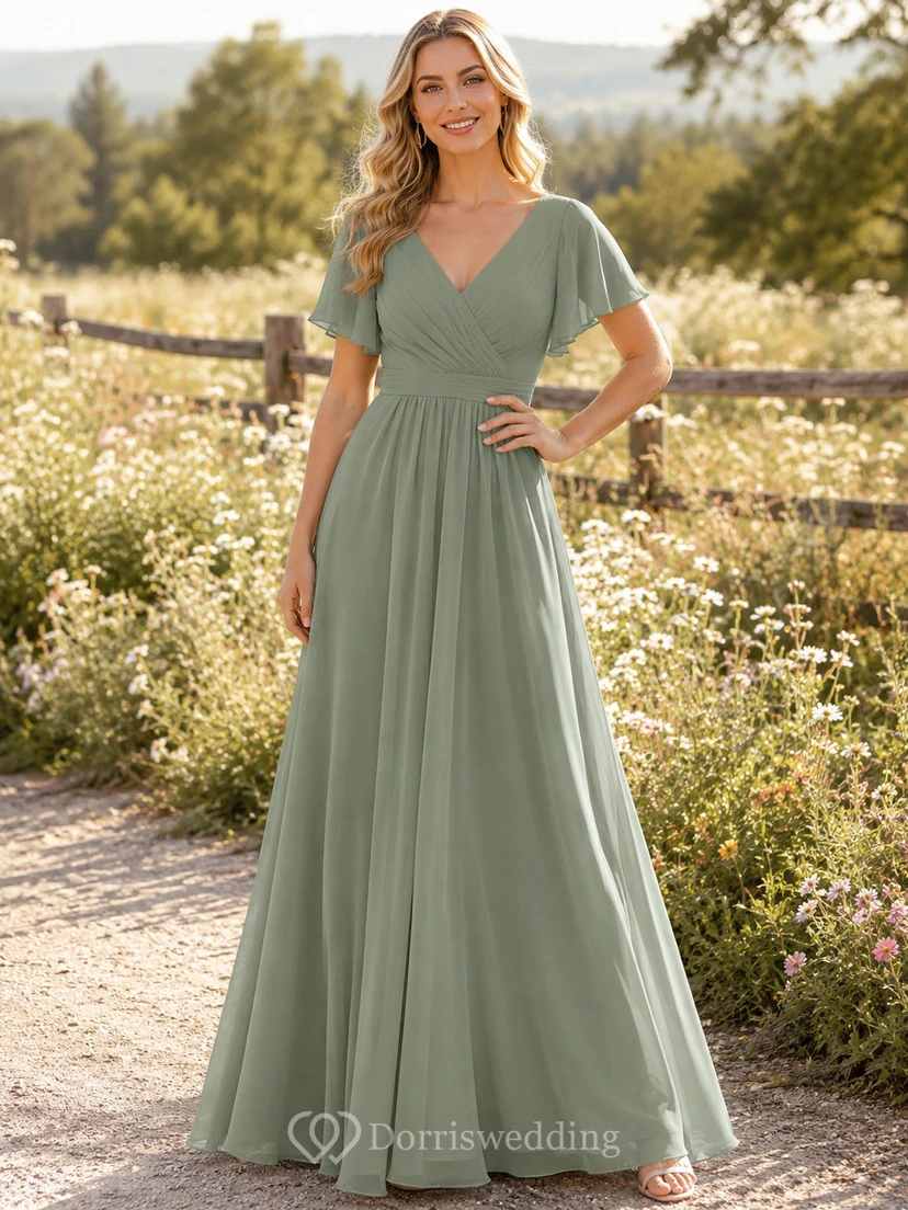 Sage Chiffon A-Line V-Neck Flutter Sleeve Pleated Low Back Floor-Length Bridesmaid Dress