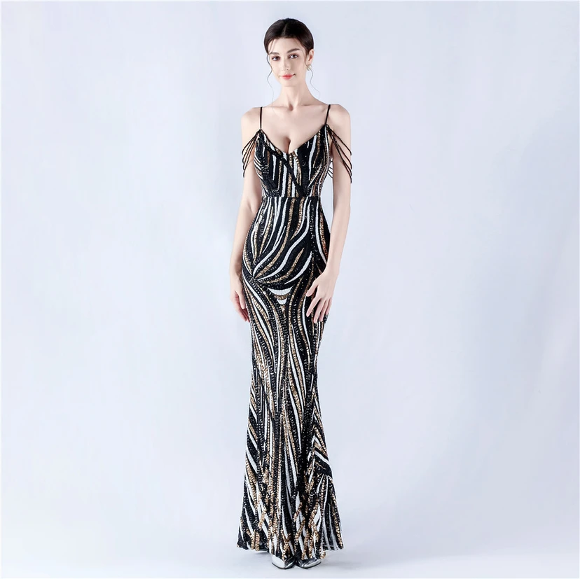 Sequined Striped Color Matching Slim Dinner Host Suspender Long Dress For Women view 2