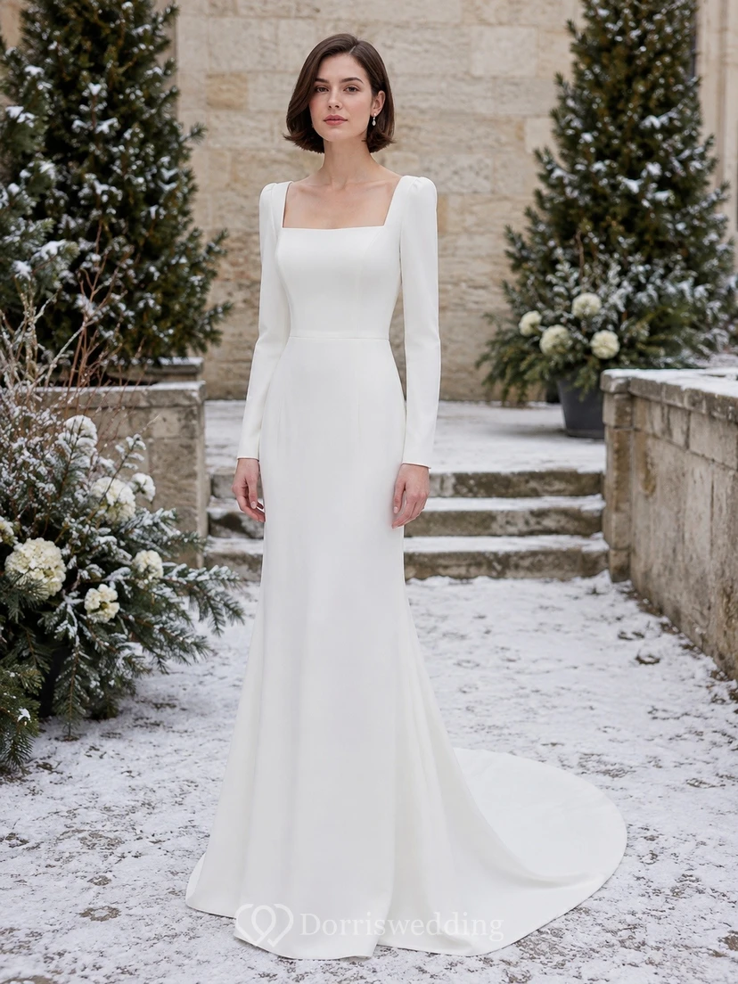 Vestido de novia de invierno sencillo de satén con escote cuadrado, manga larga y cola de sirena.