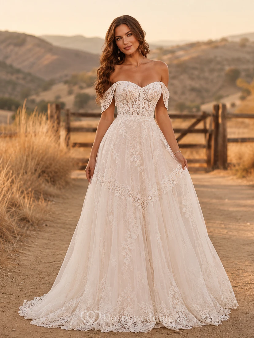 Vestido de novia de tul y encaje campestre, corte en A, hombros descubiertos, manga corta, cola de capilla, espalda baja en V.