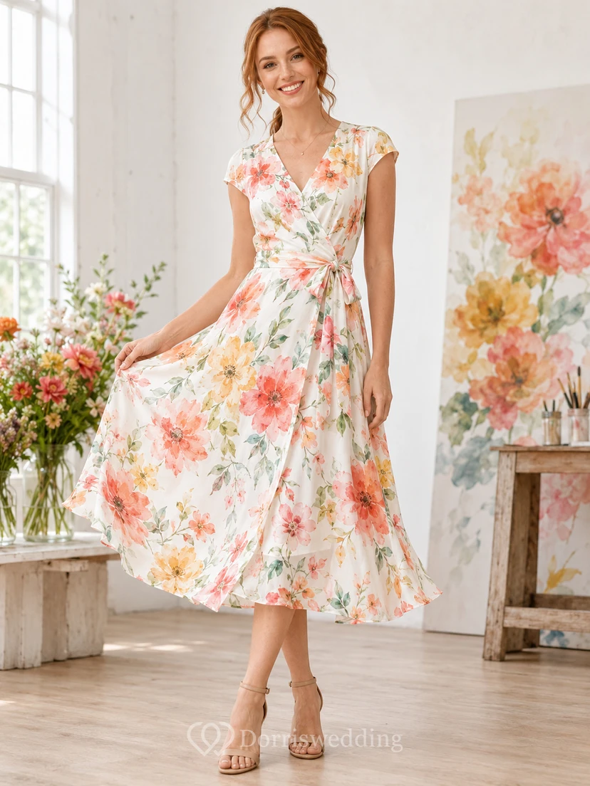 Vestido midi cruzado sin mangas con estampado floral acuarela coral para invitadas de verano
