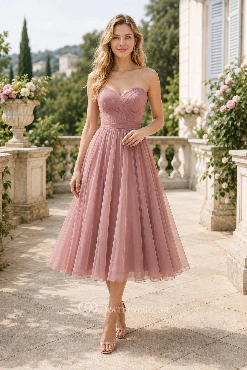 Plus Size Altrosa Tüll-Abendkleid in Teelänge mit trägerlosem, herzförmigem Oberteil