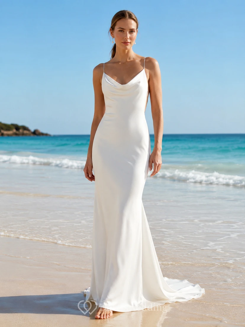 Minimal Cowl Neck Spaghetti Satin Sheath Sweep Open Back Wedding Dress