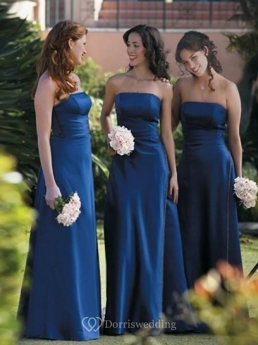A-line Strapless Ruffles Sleeveless Floor-length Satin Teal Bridesmaid Dresses