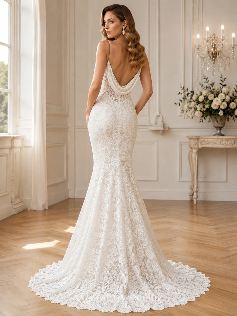 Robe de mariée sirène romantique en dentelle spaghetti à traîne courte pour la cérémonie view 2