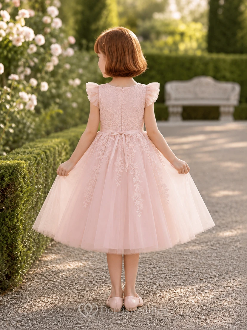 Blumenmädchenkleid aus rosafarbener Spitze und Tüll, A-Linie, flatternde Ärmel, Rundhalsausschnitt, Teelänge view 2