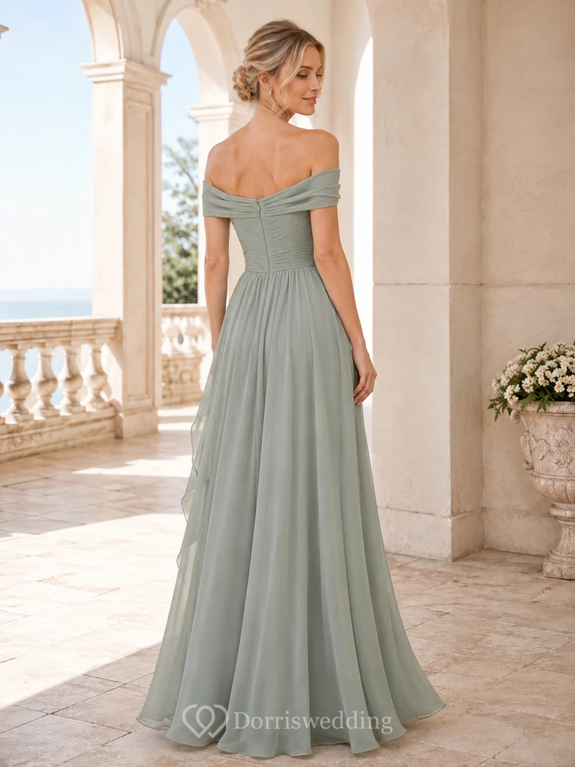 Sage Off Shoulder Chiffon A-Line Formal Dress view 2