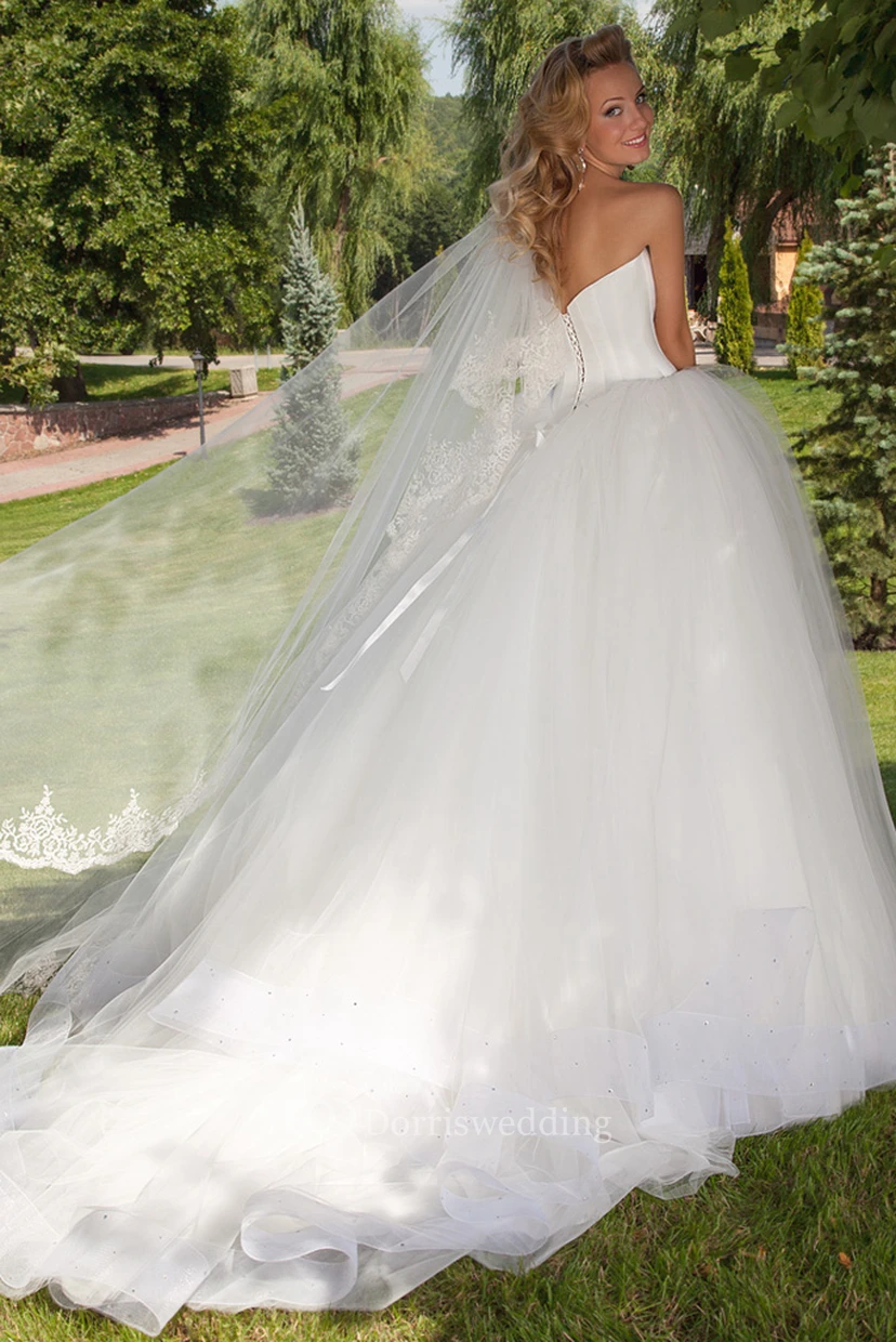 Long Sweetheart Jeweled Tulle Wedding Dress With Chapel Train And Corset Back view 2