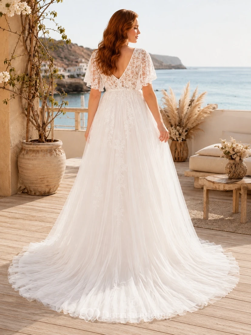 Maternity V-Neck Cap Sleeve Floral Lace Empire A-Line Chapel Train Beach Wedding Dress view 2