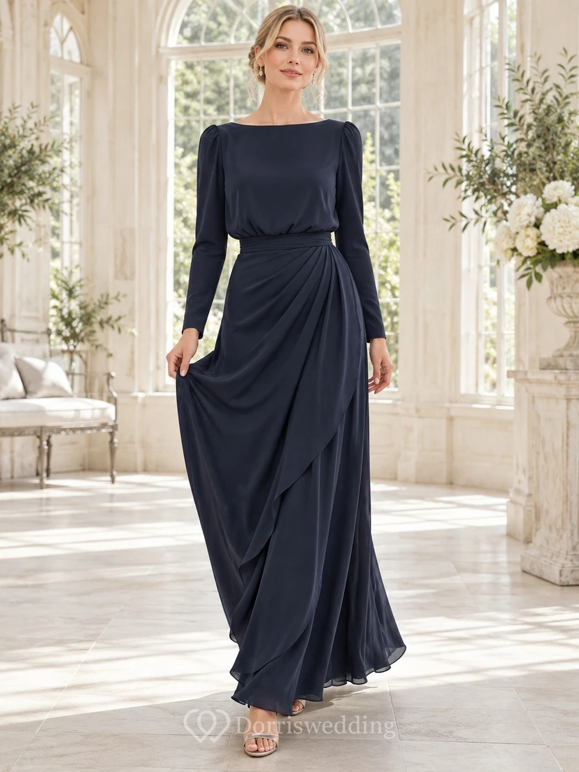 Vestido de noche formal de corte A, azul marino oscuro, estilo barco, manga larga, gasa drapeada, largo hasta los tobillos.