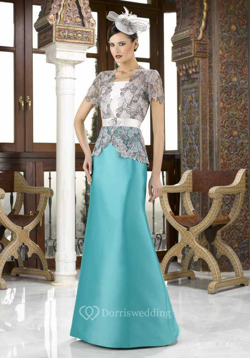 Short Sleeve Lace Square Neck Satin Mother Of The Bride Dress