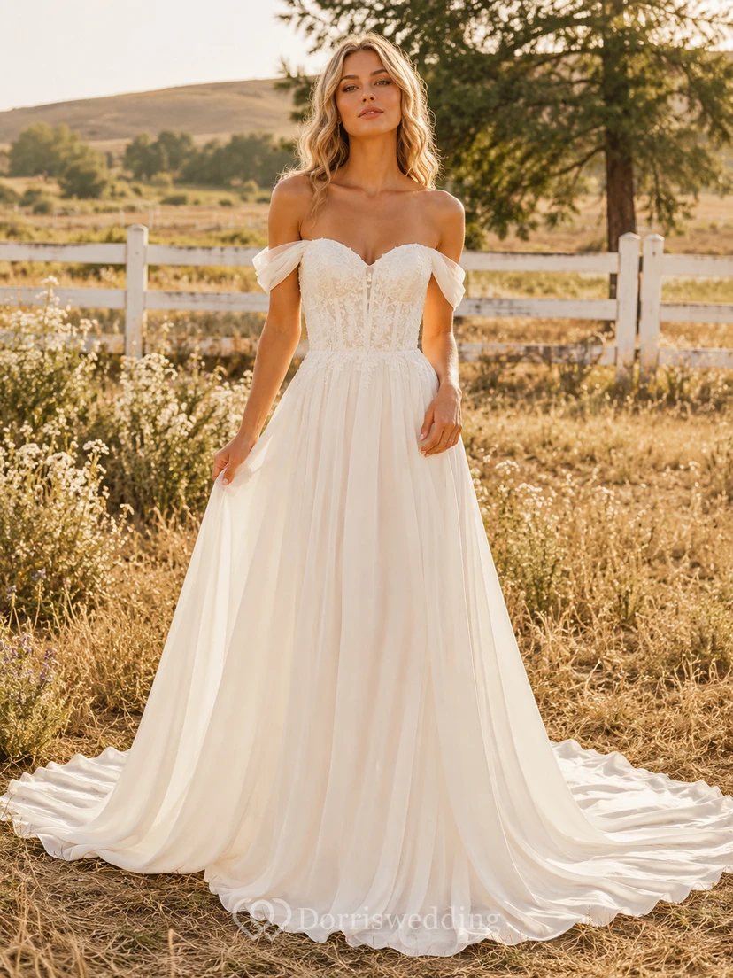 Vestido de novia de tul y encaje campestre, corte en A, escote en V, sin mangas, cola de capilla, espalda baja en V.