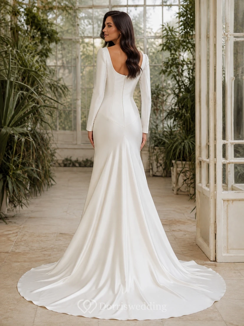 Vestido de novia modesto de manga larga, escote cuadrado y cintura baja curvada view 2