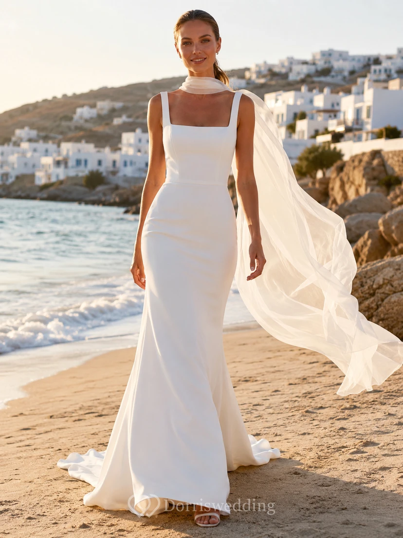 Robe de mariée moderne fourreau en crêpe mousseline à col carré et foulard intégré