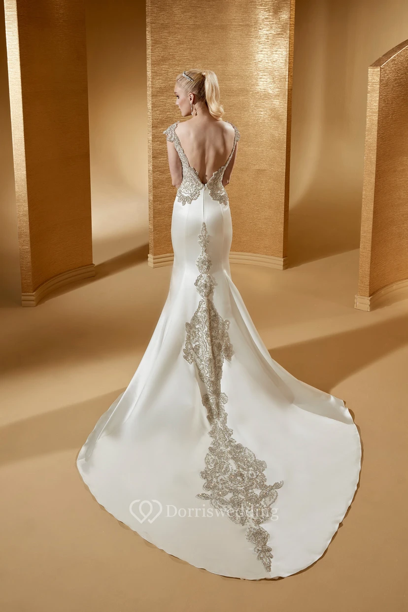 V-Neck Cap Sleeve Sheath Bridal Gown With Beaded Bodice And Open Back view 2