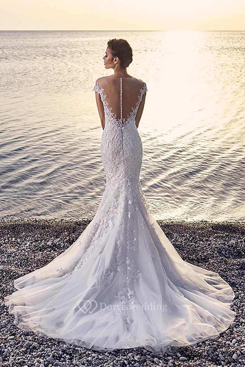 Robe de mariée sirène blanche élégante à col en V, coupe sirène en dentelle illusion et appliques view 2