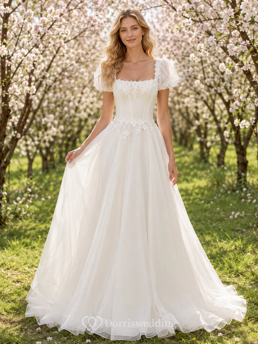 Brautkleid aus Organza in A-Linie mit eckigem Ausschnitt und Puffärmeln aus der Serie Orchard