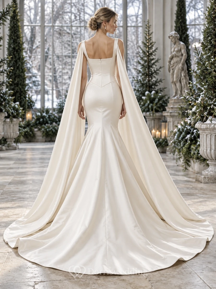 Vestido de novia de invierno sencillo, de satén, con escote cuadrado y capa. view 2