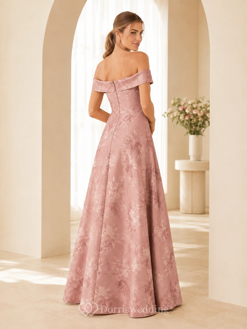 Blush off shoulder floral lace floor length A-line formal dress view 2
