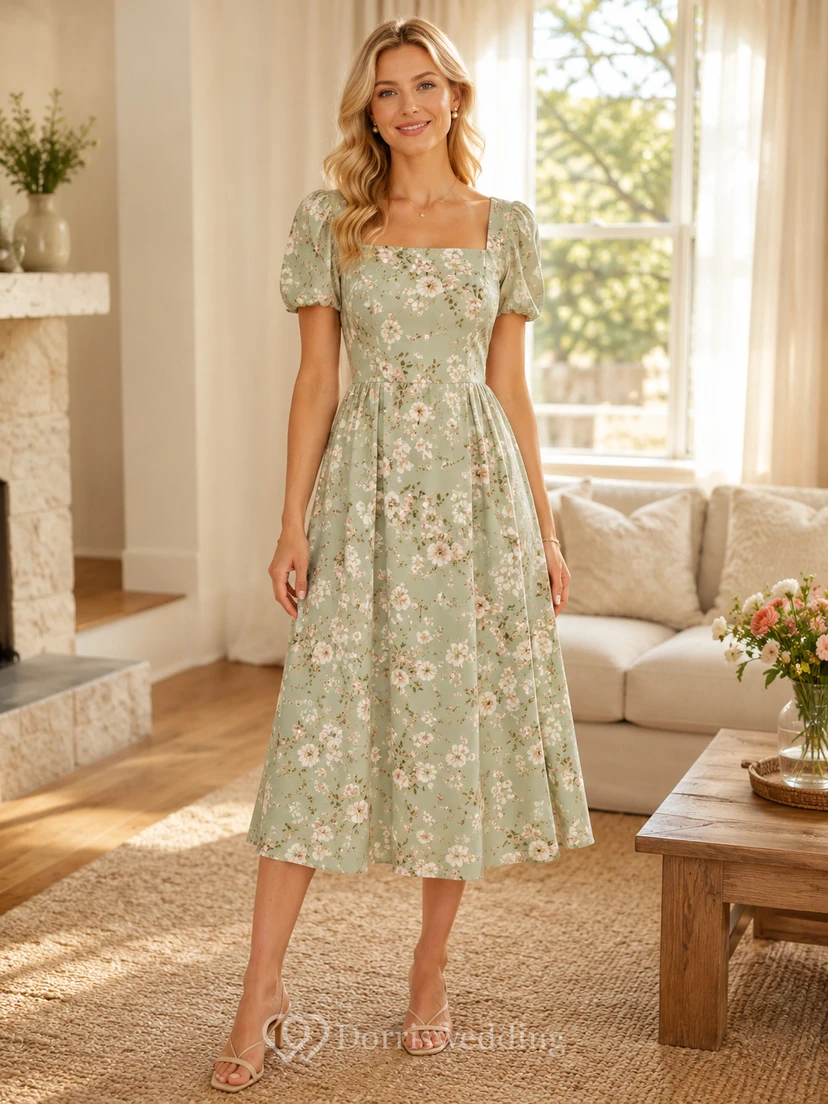Sage Floral Square Neck Puff Sleeve A Line Midi Dress